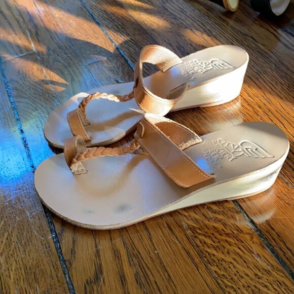 Ancient Greek wood wedge leather sandals size 5.5 - Picture 2 of 8